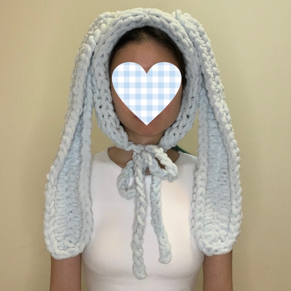 Light Blue Bunny Rabbit Chunky Chenille Knit Bonnet Hood Ear Warmer Lolita Angel